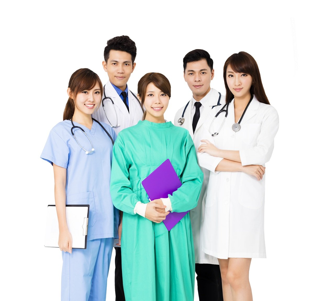 smiling medical team standing together isolated on white